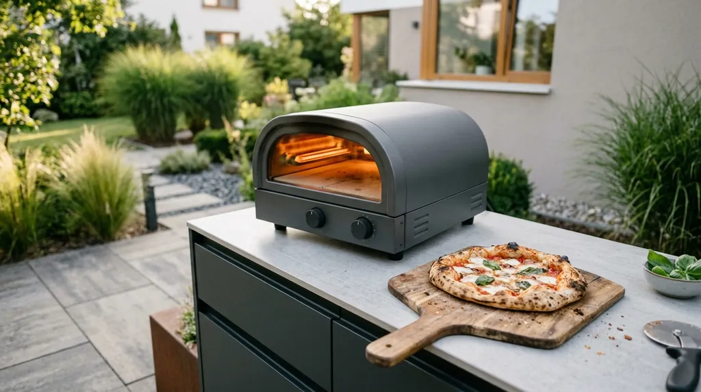 Elektrischer Pizzaofen auf der Arbeitsplatte einer Outdoor-Küche, daneben eine fertige Pizza auf einem Holzbrett
