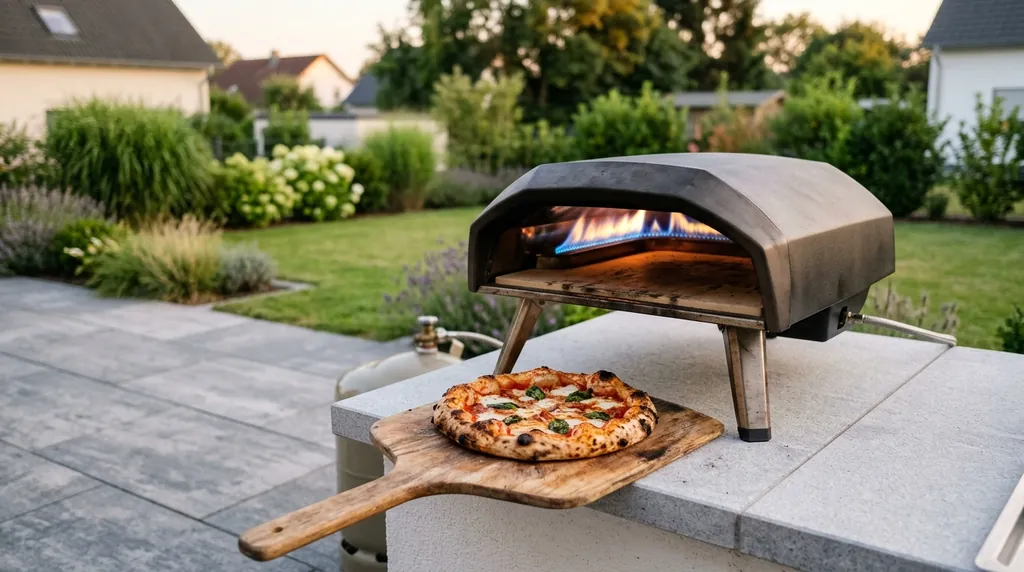 Gas-Pizzaofen auf einer Terrasse, davor liegt eine Pizza auf dem Schieber
