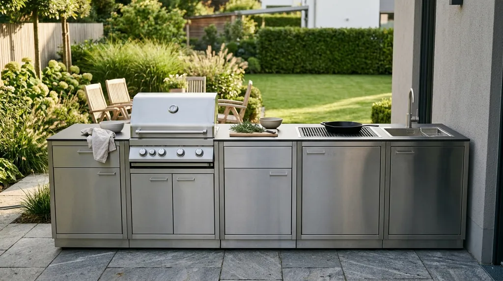 Outdoor-Küche aus Modulen mit Edelstahlfronten auf einer Terrasse