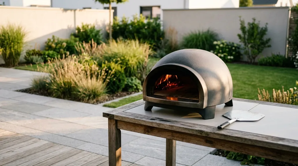 Tragbarer Pizzaofen auf einem Gartentisch, im Inneren sind Flammen zu sehen