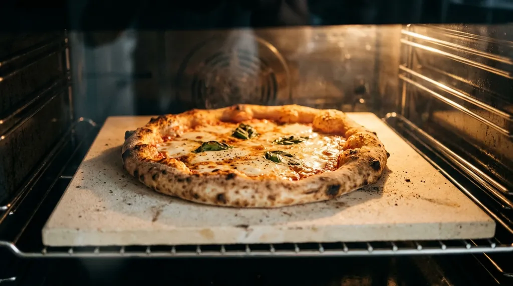 Frisch gebackene Pizza auf einem hellen Pizzastein im Backofen