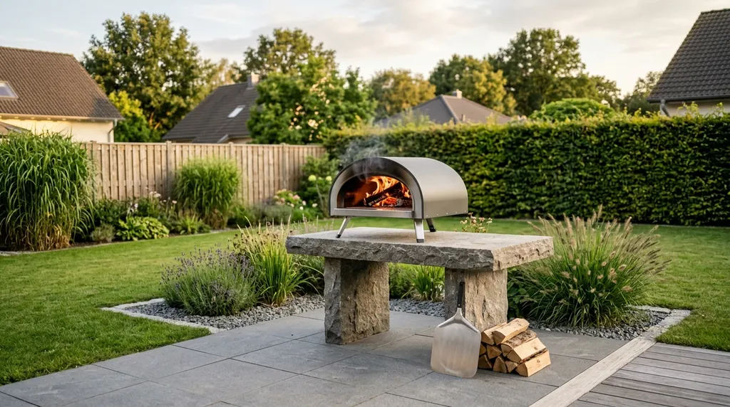 Pizzaofen auf einem Steintisch im Garten mit Abstand zum Nachbarzaun