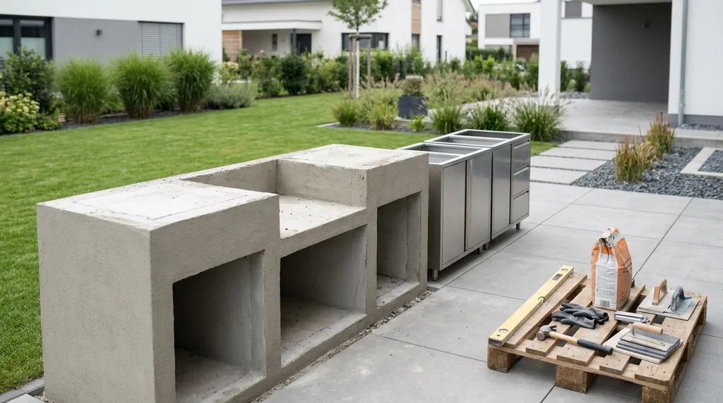 Outdoor-Küche im Bau mit gemauertem Sockel, noch ohne Arbeitsplatte