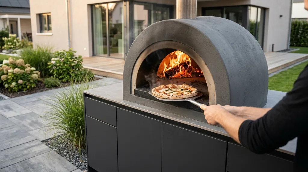 Pizza wird mit einem Metallschieber in einen heißen Pizzaofen geschoben