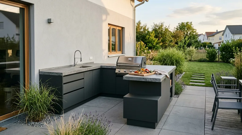 Outdoor-Küche in L-Form an der Hauswand mit Spüle, Grill und Arbeitsfläche