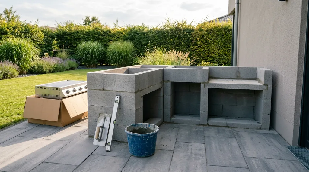 Gemauerter Korpus einer Outdoor-Küche im Rohbau auf einer Terrasse, Werkzeug daneben