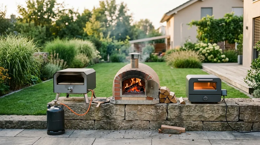 Mehrere Pizzaöfen ohne Logo stehen nebeneinander auf einer Gartenmauer
