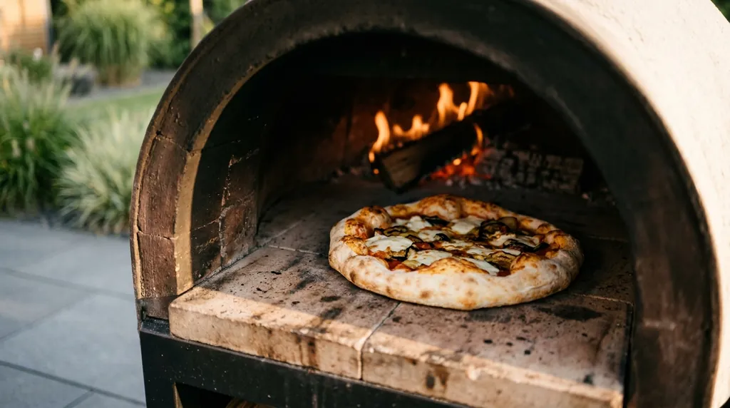 Pizza mit leicht gebräuntem Rand im Pizzaofen, im Hintergrund Flammen
